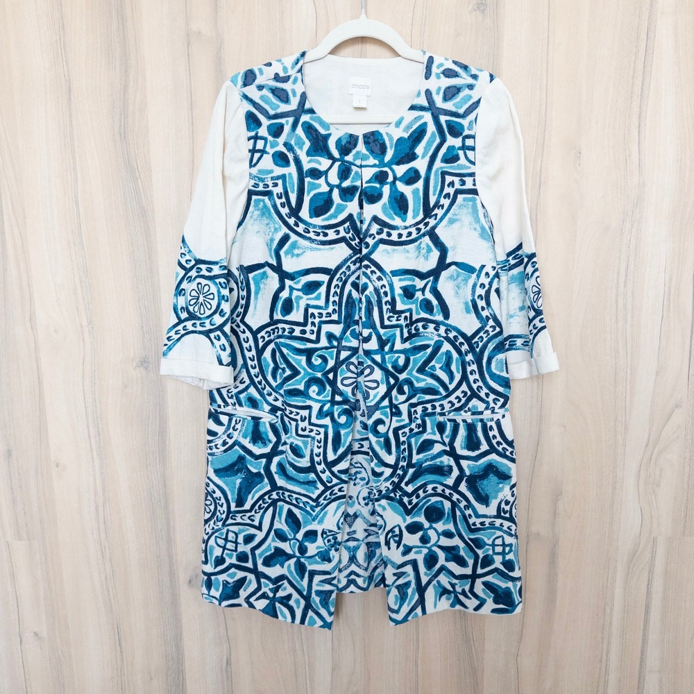 Chico's Linen Jacket M Blue White Mosaic Tile Print Open Front Coastal Artsy